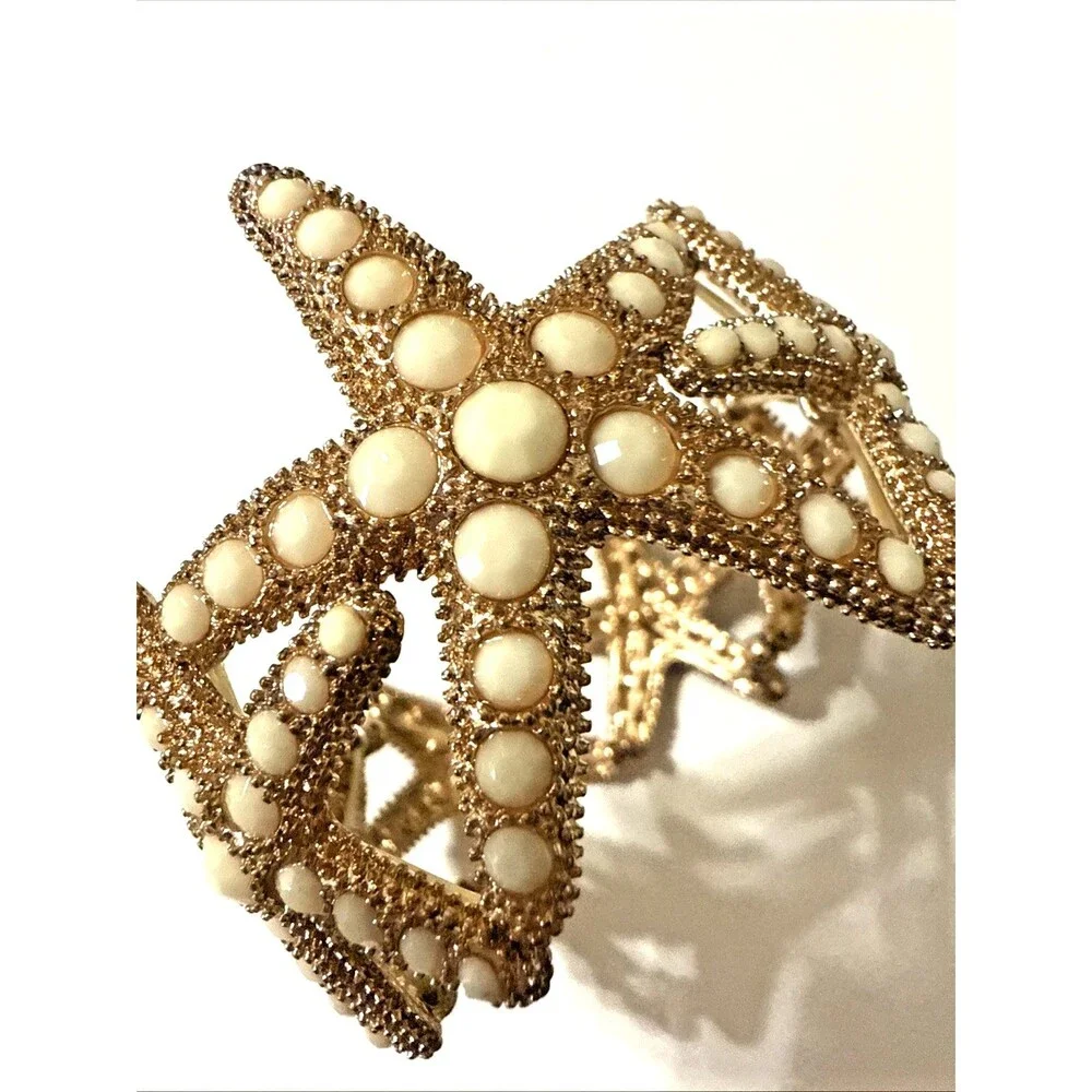 Starfish Bracelet White Rhinestone Gold Tone Beach Sea Life Statement Stretch